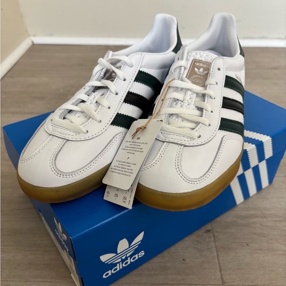 Adidas White Sneakers with Green and Black Stripes
